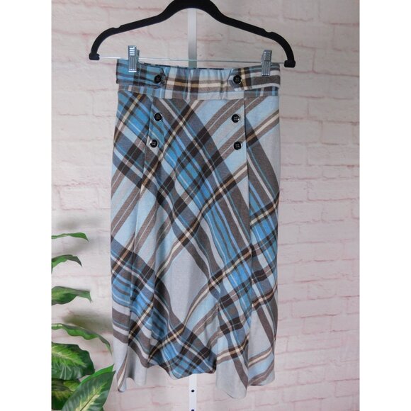 Robert Louis Blue Brown Plaid Midi Skirt Small Preppy Coastal Chic - Picture 1 of 10